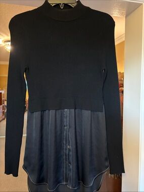 All Saints Black Mixed-Material Long Sleeve Top with Satin Panel